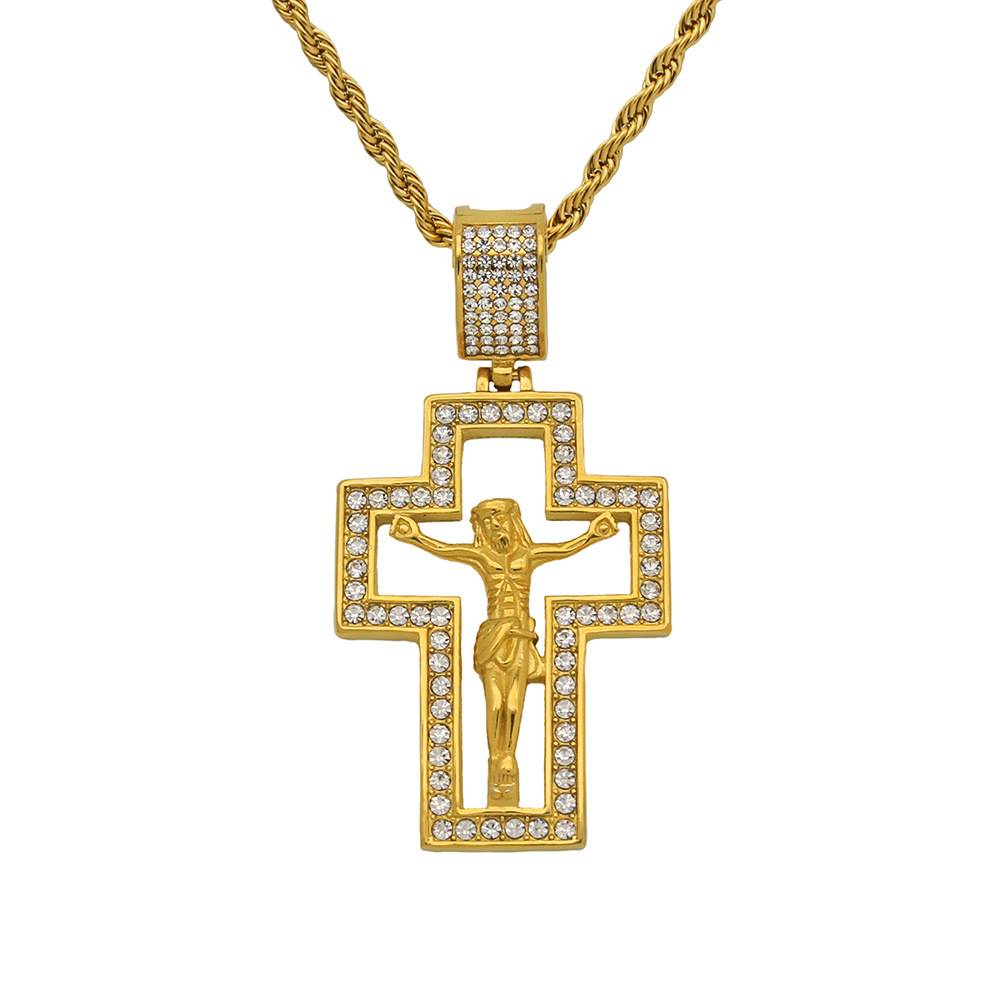 欧美外贸饰品 保色镀金 镶钻镂空Jesus 十字架项链 不锈钢吊坠