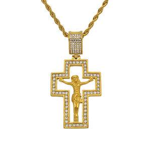 Iced Stainless Steel Gold Plated Crystal Rhinestone Jesus Hollowed Out Crucifix Christian Jesus Cross Pendant Necklace Jewelry