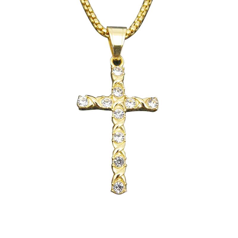 Wholesale Fashion Gold Plated Stainless Steel Hip Hop Jewelry Iced Out Christian Jesus Cross Crystal Pendants Necklace Jewelry