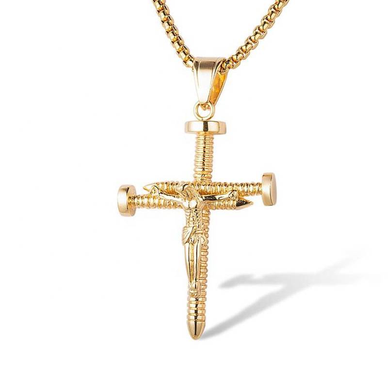 欧美跨境爆款嘻哈HIPHOP饰品 钛钢镀金Jesus受难钉子十字架吊坠