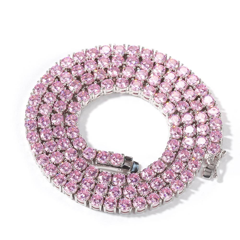 欧美嘻哈粉色锆石项链ins风时尚夏季铜4mm满钻网球链项饰