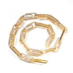 New 10mm Brass Gold Plated Zircon Paper Link Chain Necklace Iced Out CZ Zircon Paperclip Choker Necklace Bracelet Hiphop Jewelry