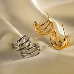 INS French minority design geometric new titanium steel earrings 18K gold titanium steel smooth three-wire earrings jewelry