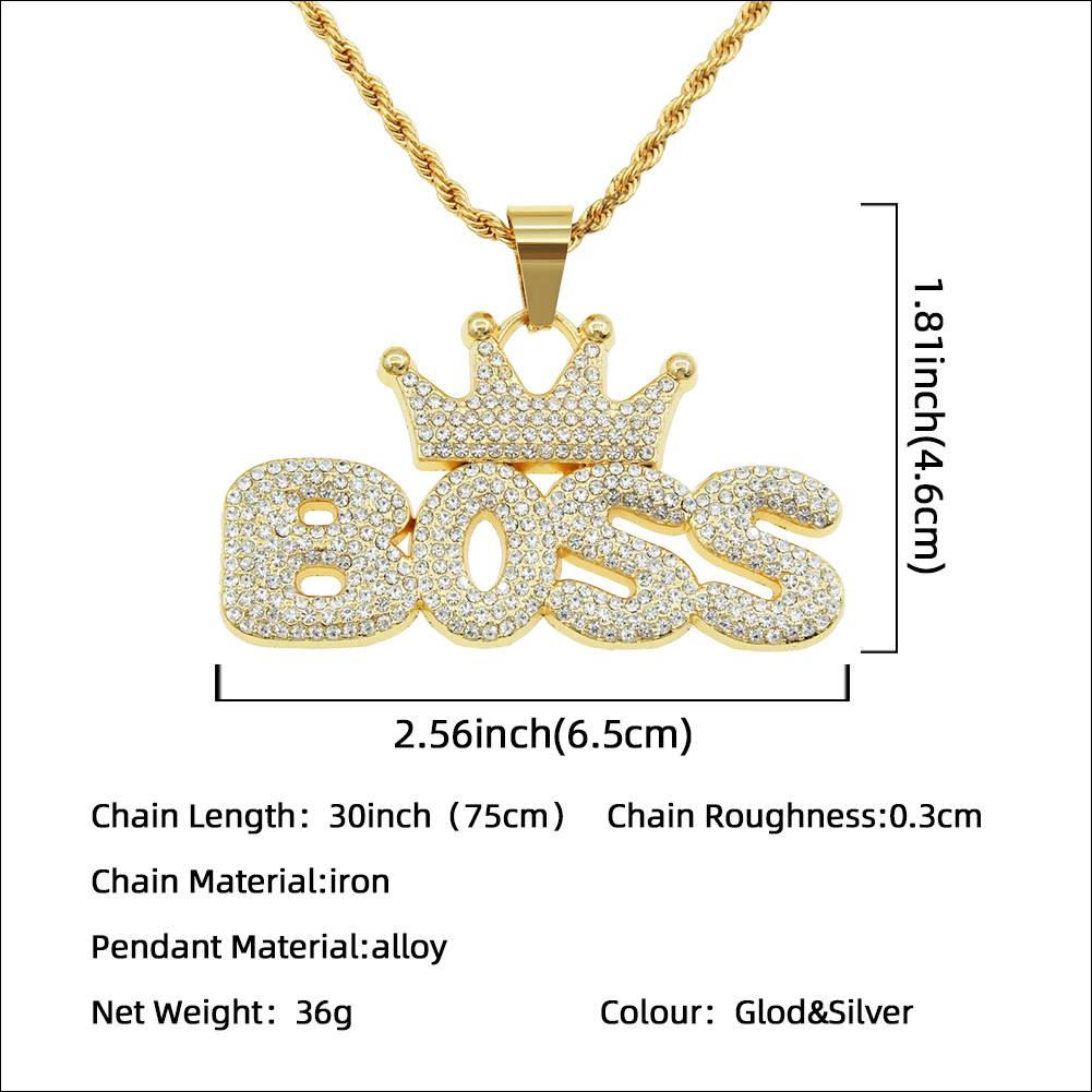 Cool hip-hop full diamond crown letter boss pendant necklace hipster exaggerated long accessories pendant.