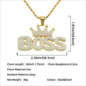 Cool hip-hop full diamond crown letter boss pendant necklace hipster exaggerated long accessories pendant.