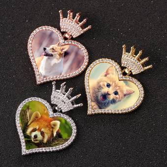 New Iced Out Creative Crown Hook Love Heart Photo Pendant Shiny Zircon Frame Picture Necklace Necklace Memory Medallions Jewelry