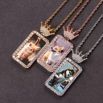 HipHop Jewelry Memory Medallions Photo Necklace Iced Out Cubic Zircon Rectangle Custom Crown Hook Picture Frame Pendant Necklace