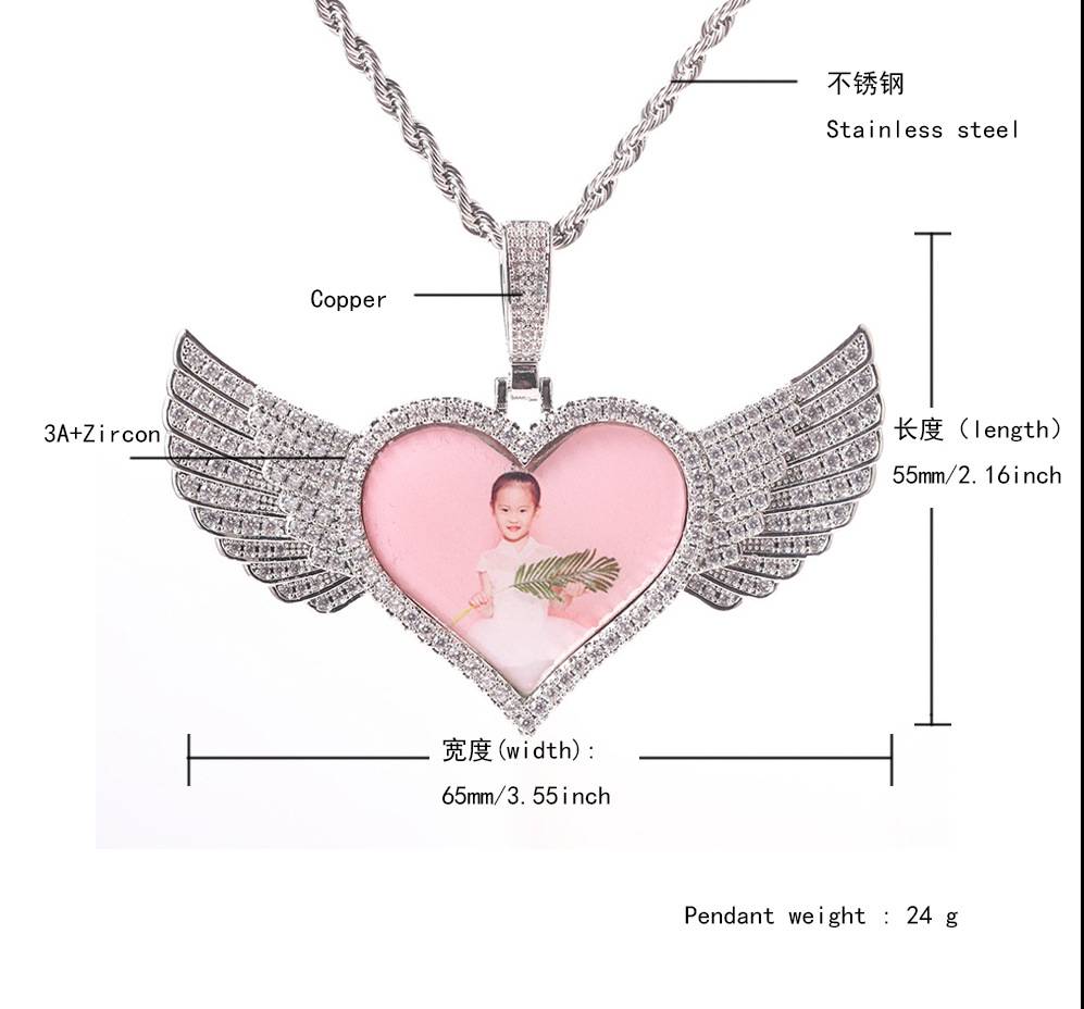 Hip-hop heart-shaped wing pendant 18K gold-plated memory photo frame necklace full of love.