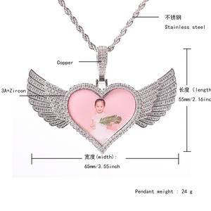 Hip-hop heart-shaped wing pendant 18K gold-plated memory photo frame necklace full of love.