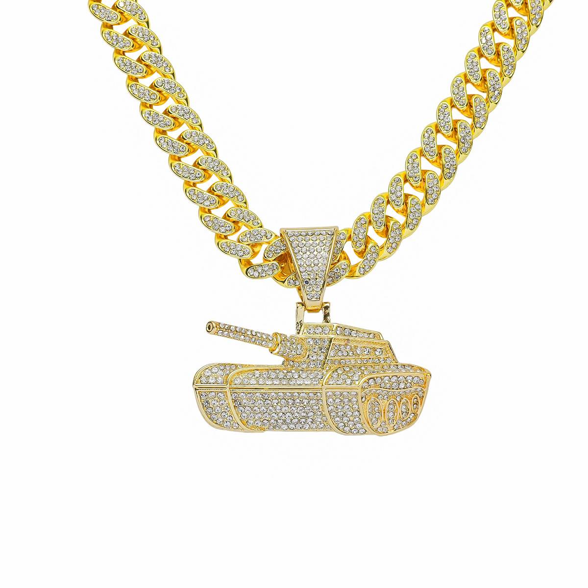 Hot-selling full diamond tank pendant necklace INS wind men hip hop cool Cuba chain jewelry