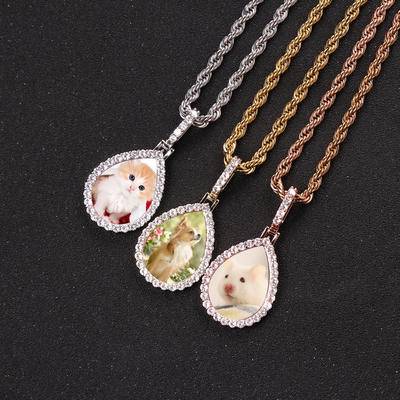 HipHop Jewelry Iced Out Cubic Zirconia Memory Medallions Water Drop Necklace Photo Pendant Water droplet Frame Picture Necklaces