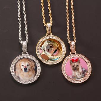 Fashion Custom Memory Photo Iced Out Circle Medallions Pendant Necklace Bling Baguette Cubic Zircon Picture Frame Hiphop Jewelry