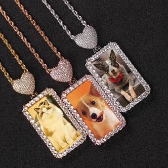 HipHop Jewelry Memory Medallions Photo Necklace Bling Iced Out CZ Cubic Zirconia Rectangle Custom Picture Frame Pendant Necklace