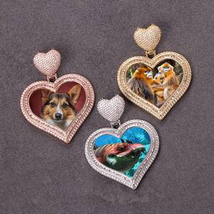 Custom Heart Hook Picture Memory Medallions Heart Pendants Hip Hop Bling DIY Jewellery Cubic Zircon Heart Photo Necklace Jewelry