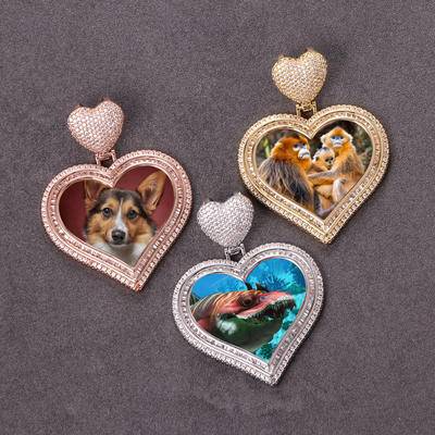 Custom Heart Hook Picture Memory Medallions Heart Pendants Hip Hop Bling DIY Jewellery Cubic Zircon Heart Photo Necklace Jewelry