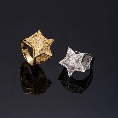 HipHop Jewelry Men Women High Quality Star Rings Brass Gold Plated Iced Out Zircon Micro Paved Solid Pentagram Five-Pointed Ring