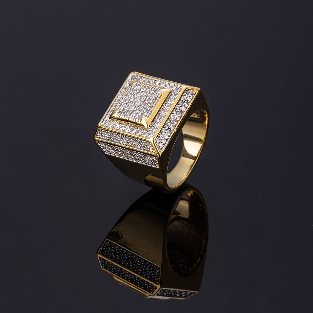 嘻哈奢华黄铜镀金微镶锆石双色戒指个性时尚满锆方形戒指指环