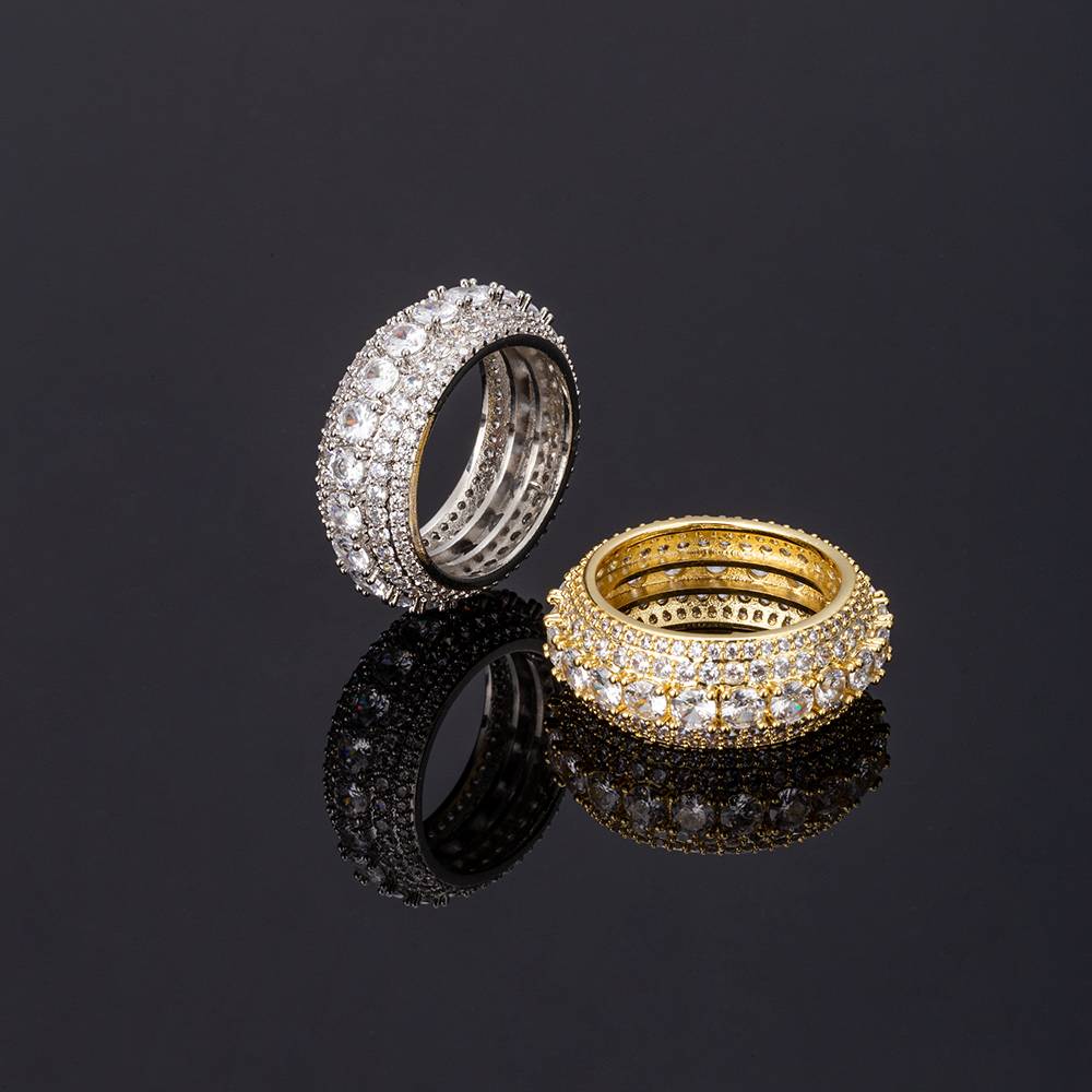 奢华黄铜材质镀金微镶五排满锆石戒指潮人嘻哈男士指环珠宝