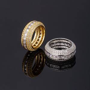 Hip Hop Luxury Zircon Chunky Baguette Finger Rings Jewelry Brass Gold Plated Iced Out Wedding Engagement Statement Ring Jewelry
