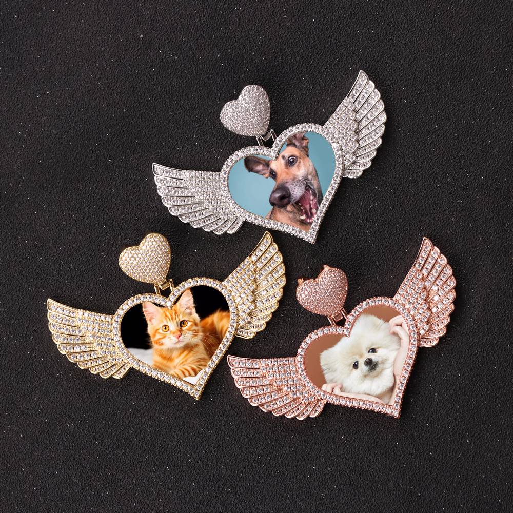 New Hip Hop CZ Heart Hook Heart Wings Photo Pendant Necklaces Iced Out Bling Zircon Memory Blank Pictures Frame Necklace Jewelry