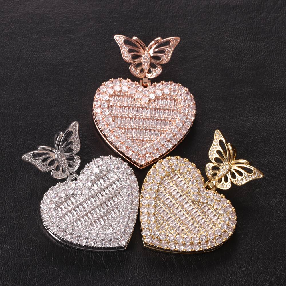 New Hip Hop Butterfly Hook Picture Necklace Iced Out Zircon Personalized Private Collection Photo Frame Memory Medallion Pendant
