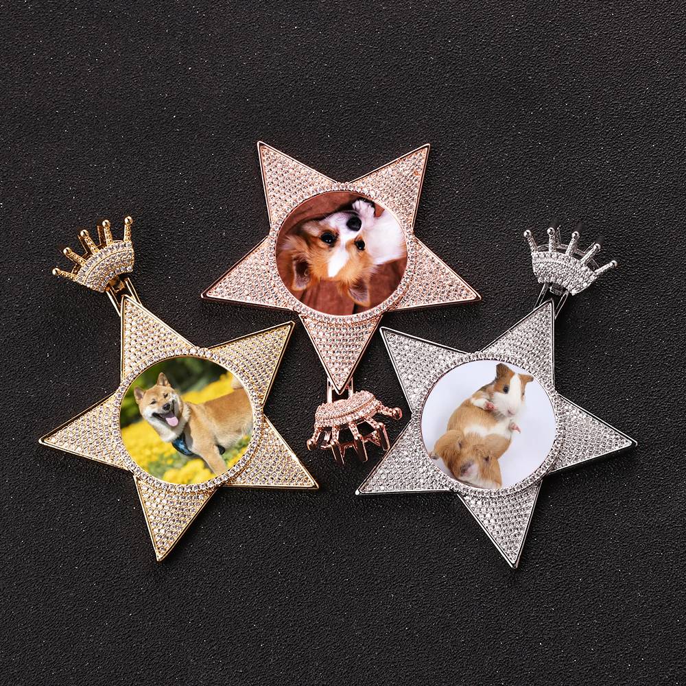 Iced Out DIY Crown Hook Pentagram Photo Private Custom Star Frame Hip Hop Personality Picture Necklace Memory Medallions Pendant