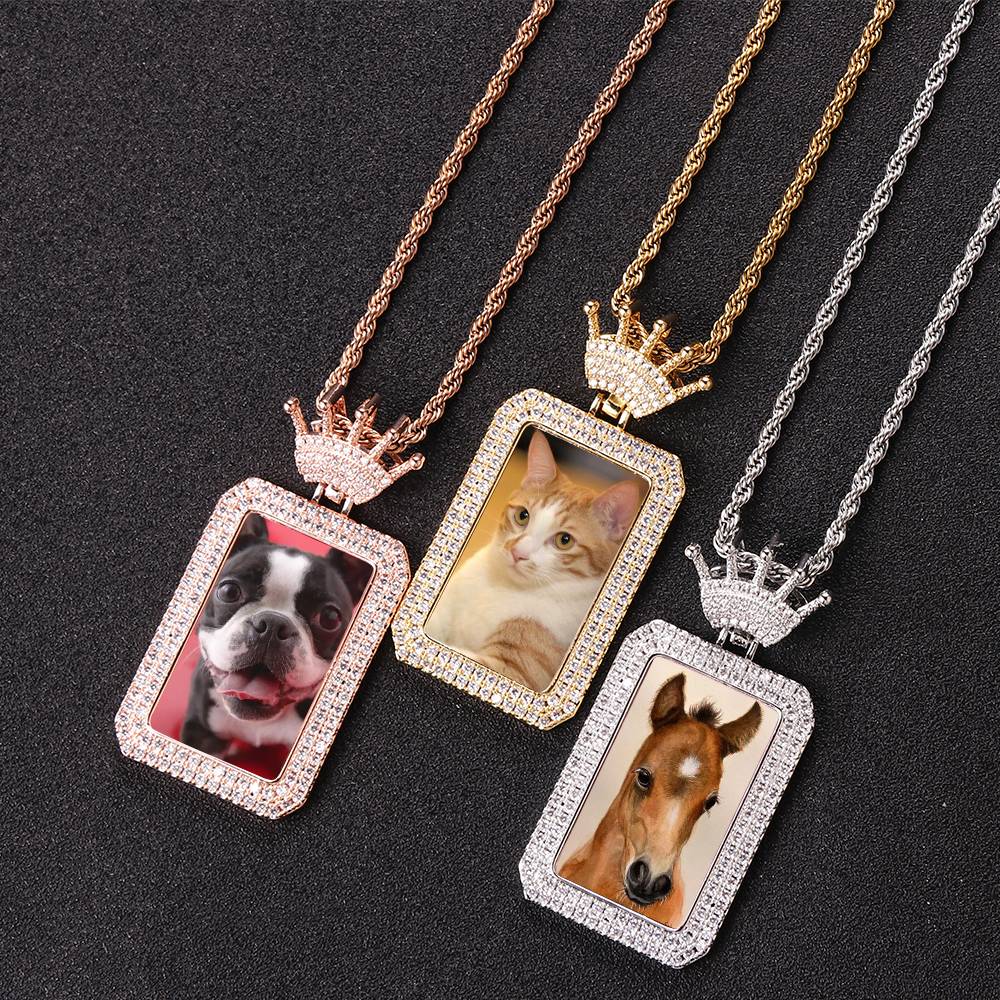 HipHop Crown Hook Square Personal Picture Frame Pendants Brass Gold Plated Iced Out Bling CZ Photo Memory Medal Necklace Jewelry