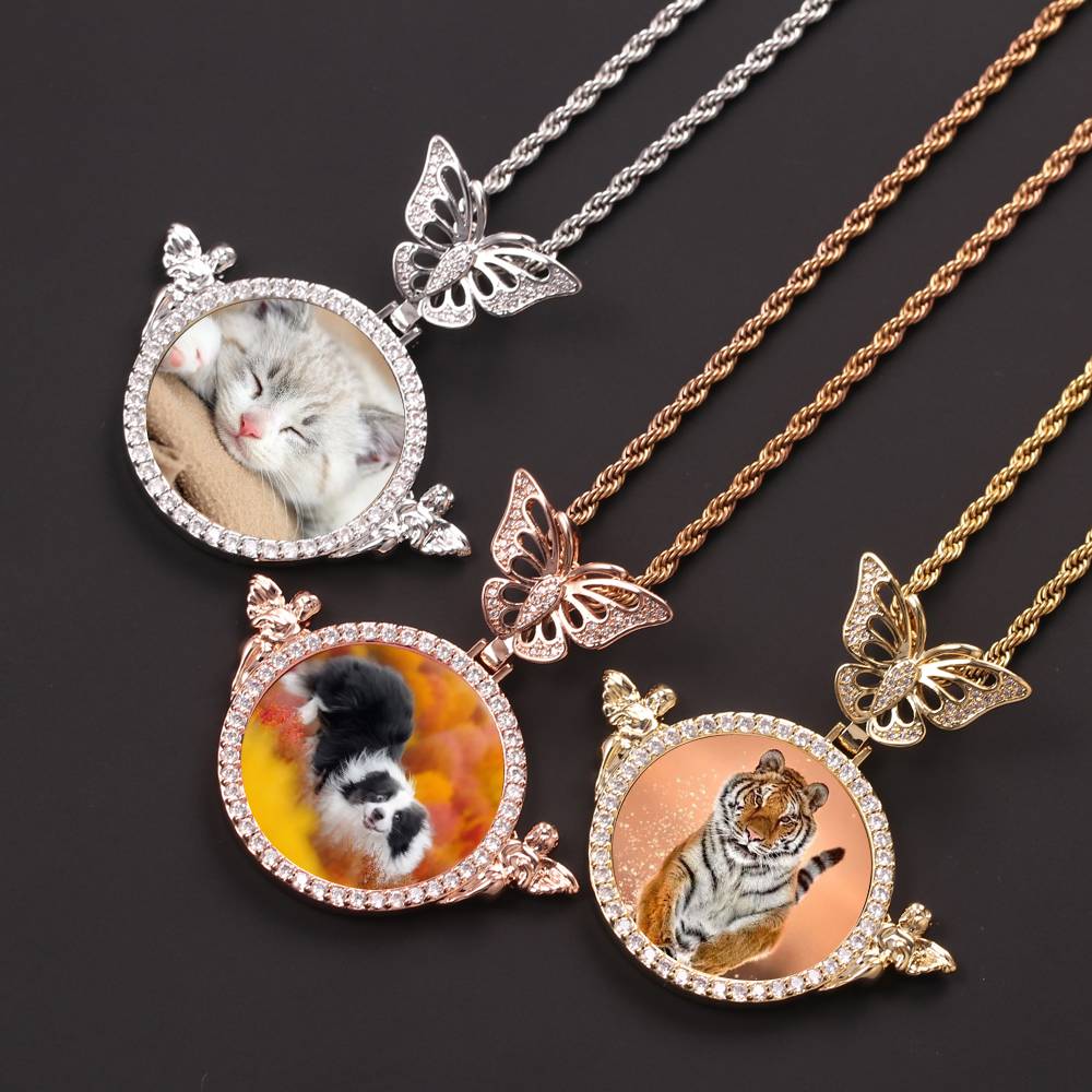 New HipHop CZ Butterfly Hook Photo Frame Bling Brass Iced Out Zircon Double Little Angels Circle Memory Picture Pendant Necklace