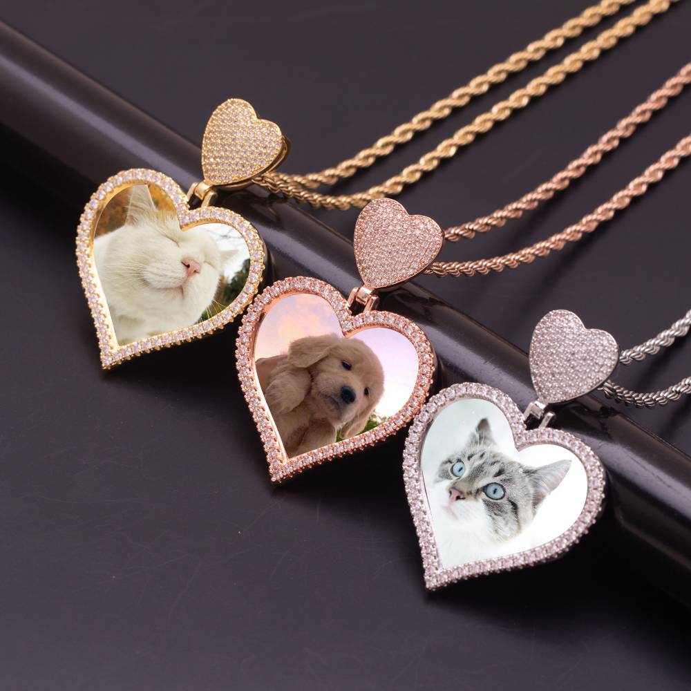 New Iced Out Creative Heart Hook Love Heart Photo Pendant Shiny Zircon Frame Picture Necklace Necklace Memory Medallions Jewelry