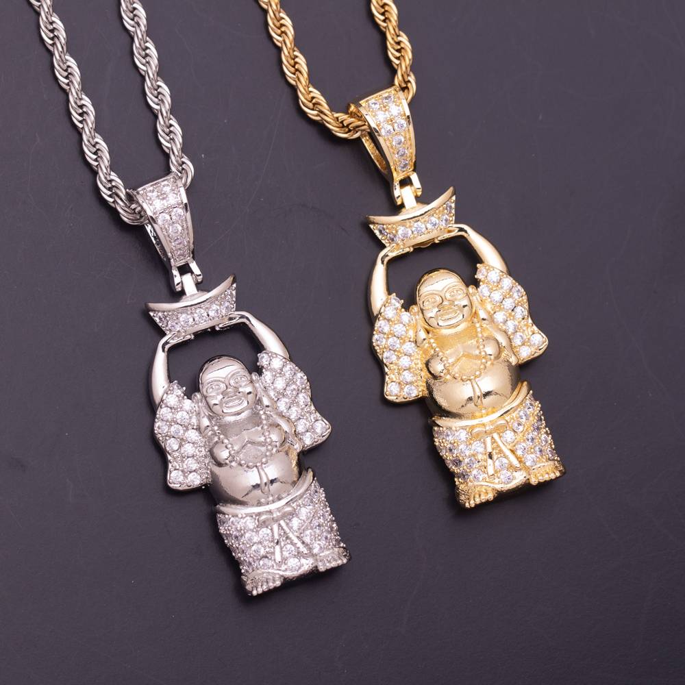 New Fashion Luxury Trendy Brass Gold Plated Iced Out Zircon Maitreya Buddha Pendant Necklace Jewelry Bling Bling Yuanbao Pendant