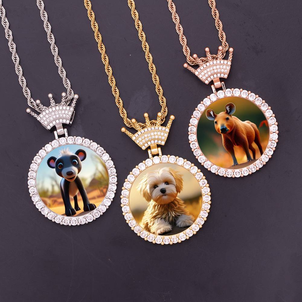 New Crown Hook Round Frame Photo Pendant Small Circle Picture Necklace Zircon Brass Gold Plated Memory Medallions Charms Jewelry