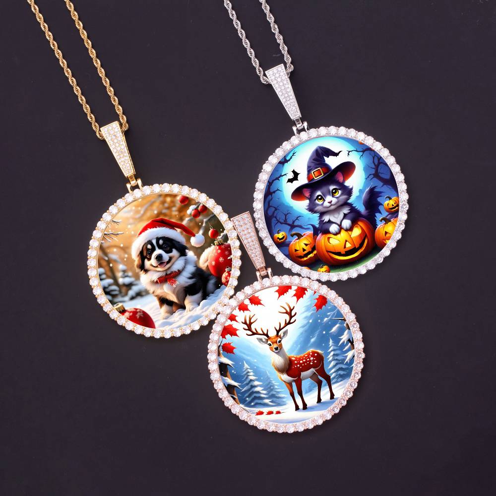 98mm*68mm XL Large Size Brass Golden Plated Hip Hop Photo Memory Pendants Full Cubic Zircon Round Picture Frame Necklace Jewelry