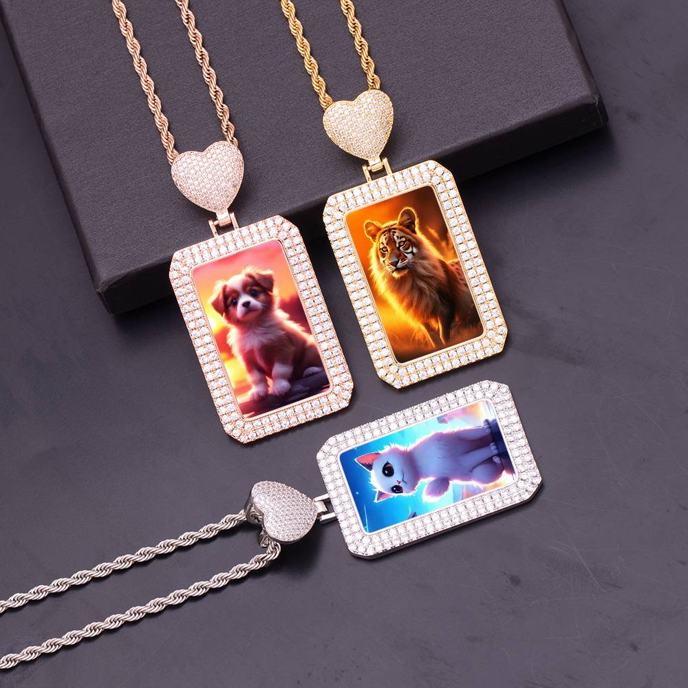 Hip Hop Fashion Custom Heart Hook Picture Pendant Square Iced Out Inlaid Zircon Rectangle Custom Picture Frame Pendant Necklaces