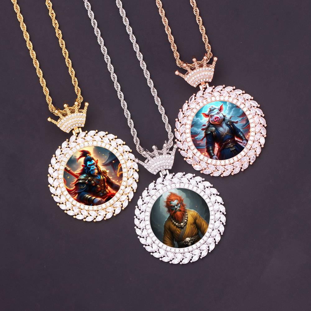 Hip Hop Personality Leaf Design Round Photo Memory Frame Pendant Crown Hook Bling Iced Out Wukong Picture Charm Necklace Jewelry