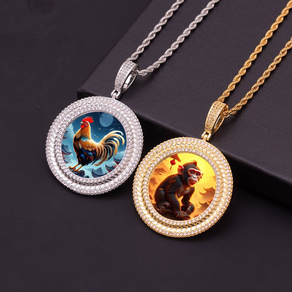 Hip Hop Spikelet Design Iced Out Round Zodiac Chicken Photo Frame Pendants Cubic Zircon Wukong Picture Memorial Necklace Jewelry