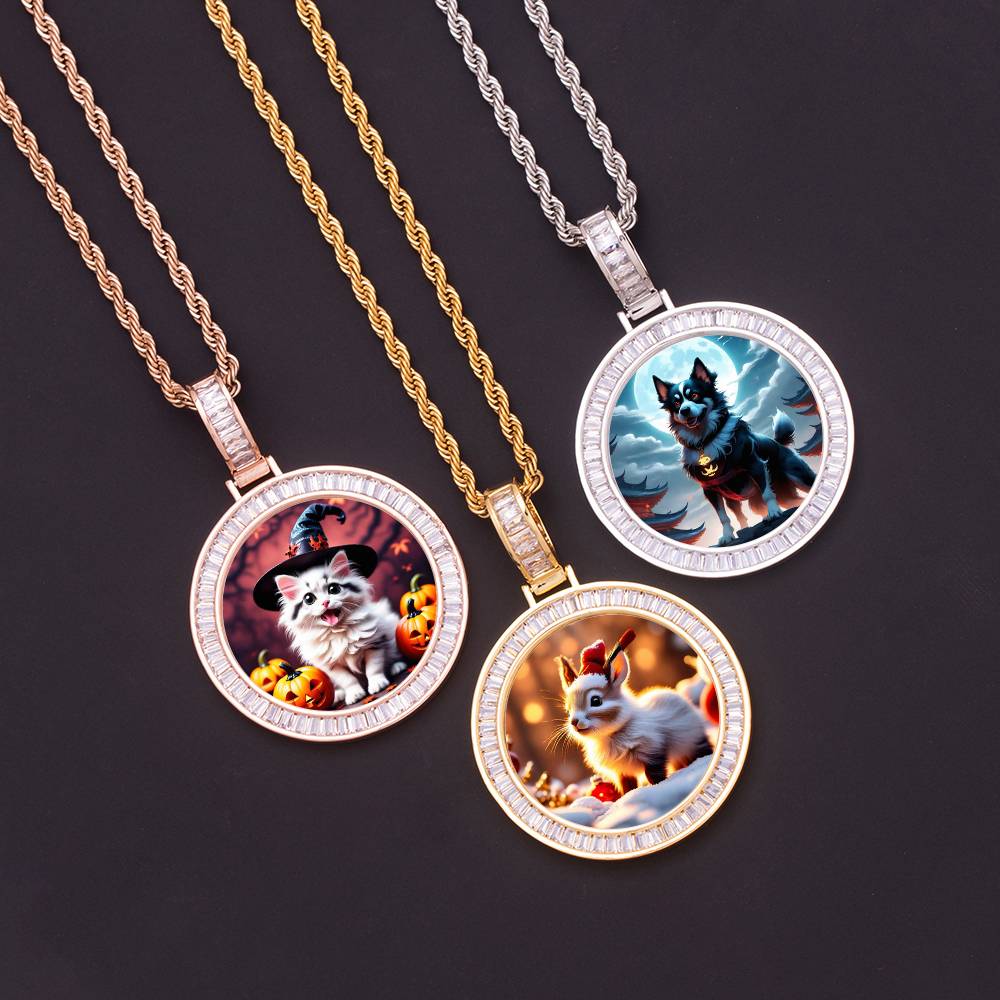 38mm Fashion DIY Photo Memory Iced Out Circle Medallions Necklace Baguette Cubic Zircon Pet Cat Dog Rabbit Picture Frame Pendant