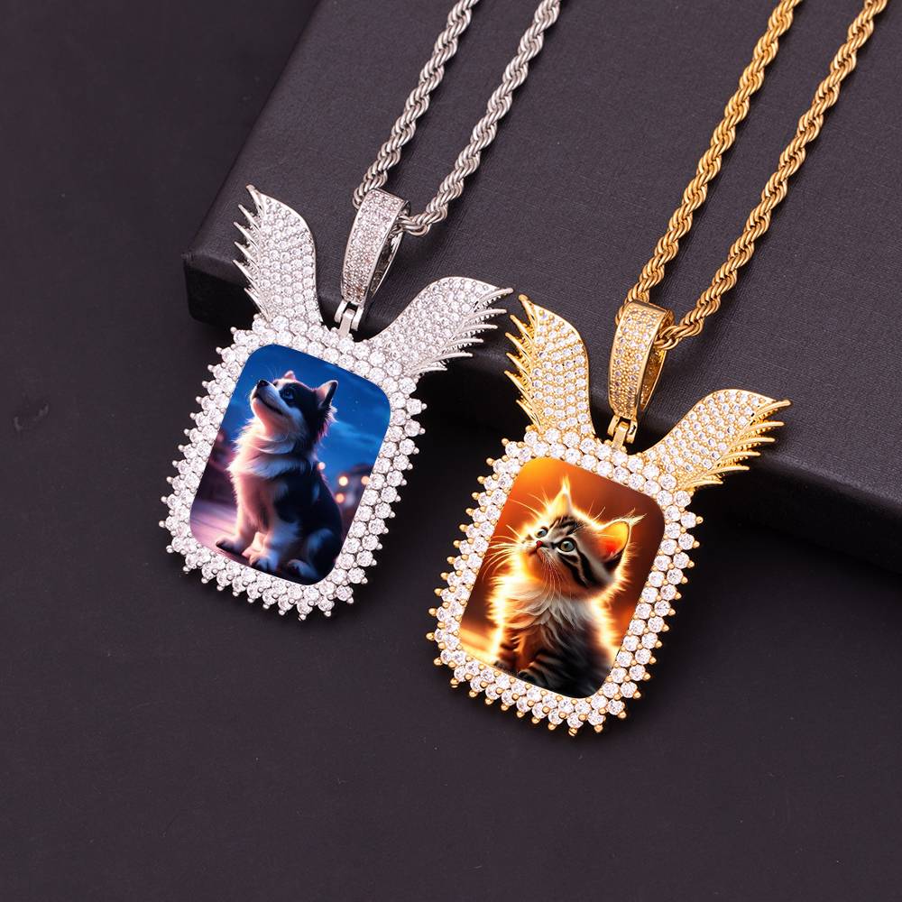 New Iced Out DIY Custom Fly Wings Design Rectangle Memory Picture Pendant Cubic Zircon Square Photo Frame Charm Necklace Jewelry