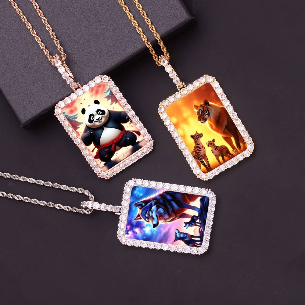 78*39mm DIY Iced Out Rectangle Picture Memory Frame Large Square Photo Pendant Jewelry Hip Hop Full Cubic Zircon Charm Necklaces