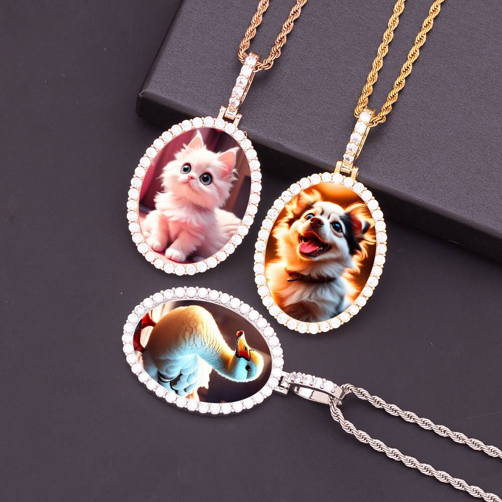 DIY Custom Iced Out CZ Oval Blank Photo Frame Pendant Hip Hop Cubic Zircon Brass Shiny Pet Memory Picture Charm Necklace Jewelry