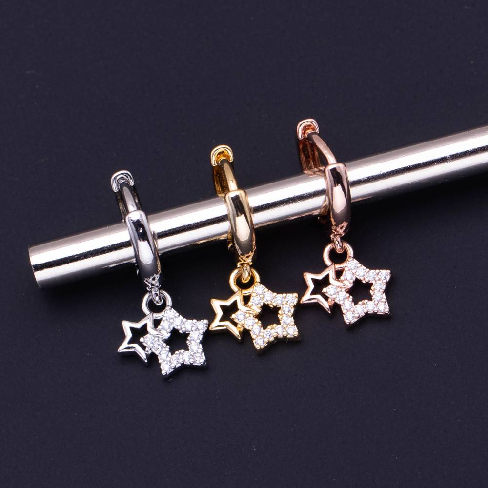 New Fashion Trendy Brass Gold Plated Cubic Zirconia Hollow Star Design CZ Charm Earrings Clip Five-pointed Drop Earrings Jewelry