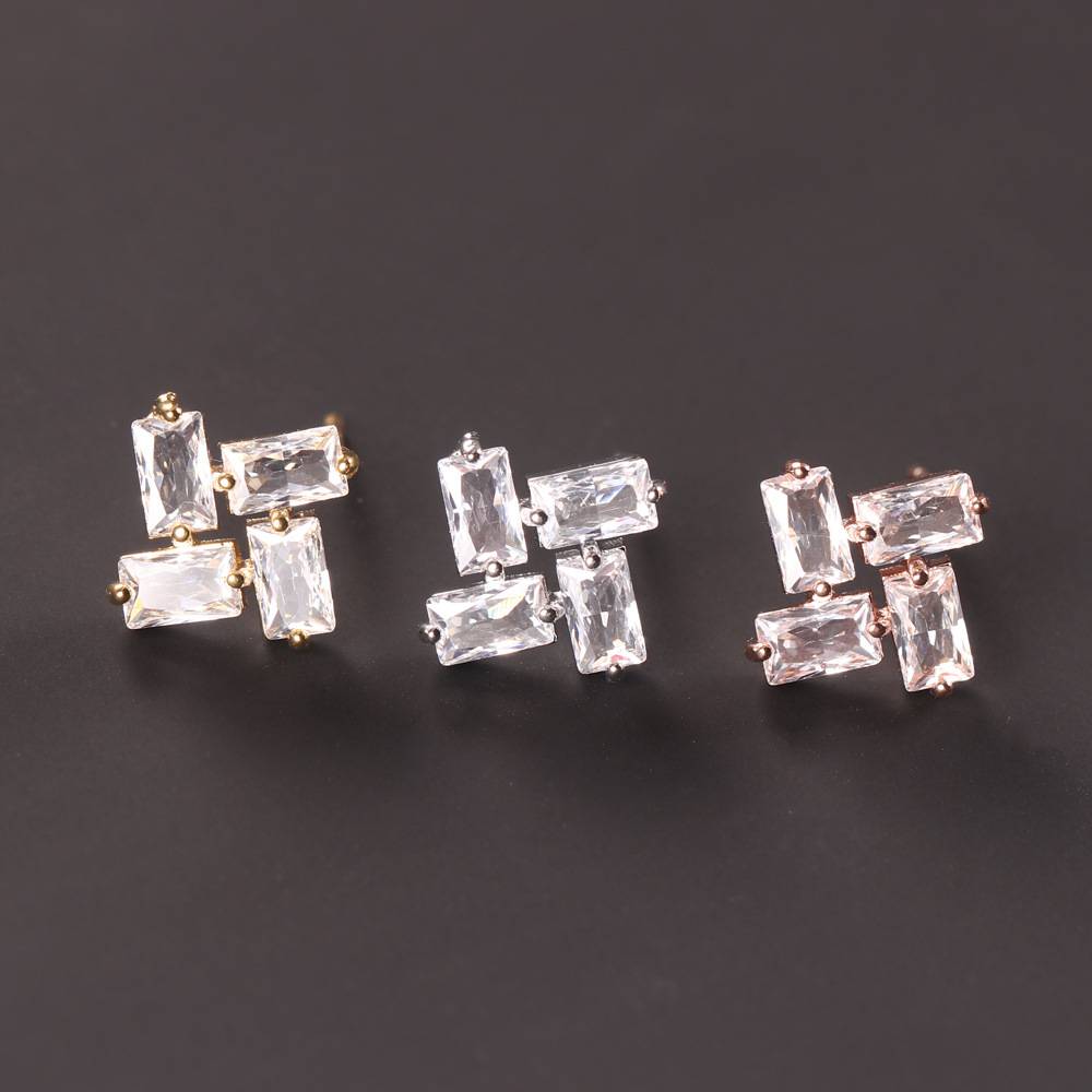 Fashion Brass Gold Plated Zircon Square Design Earring Jewelry Ladies Sweet Cute Stud Earrings Girls Trend Elegant Ear Jewellery