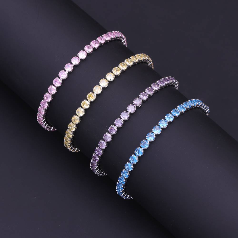 New 4mm Luxury Colour Tennis Bracelet Men Women Iced Out Bling Cubic Zircon Chain Bracelet High Quality HipHop Hand Link Jewelry