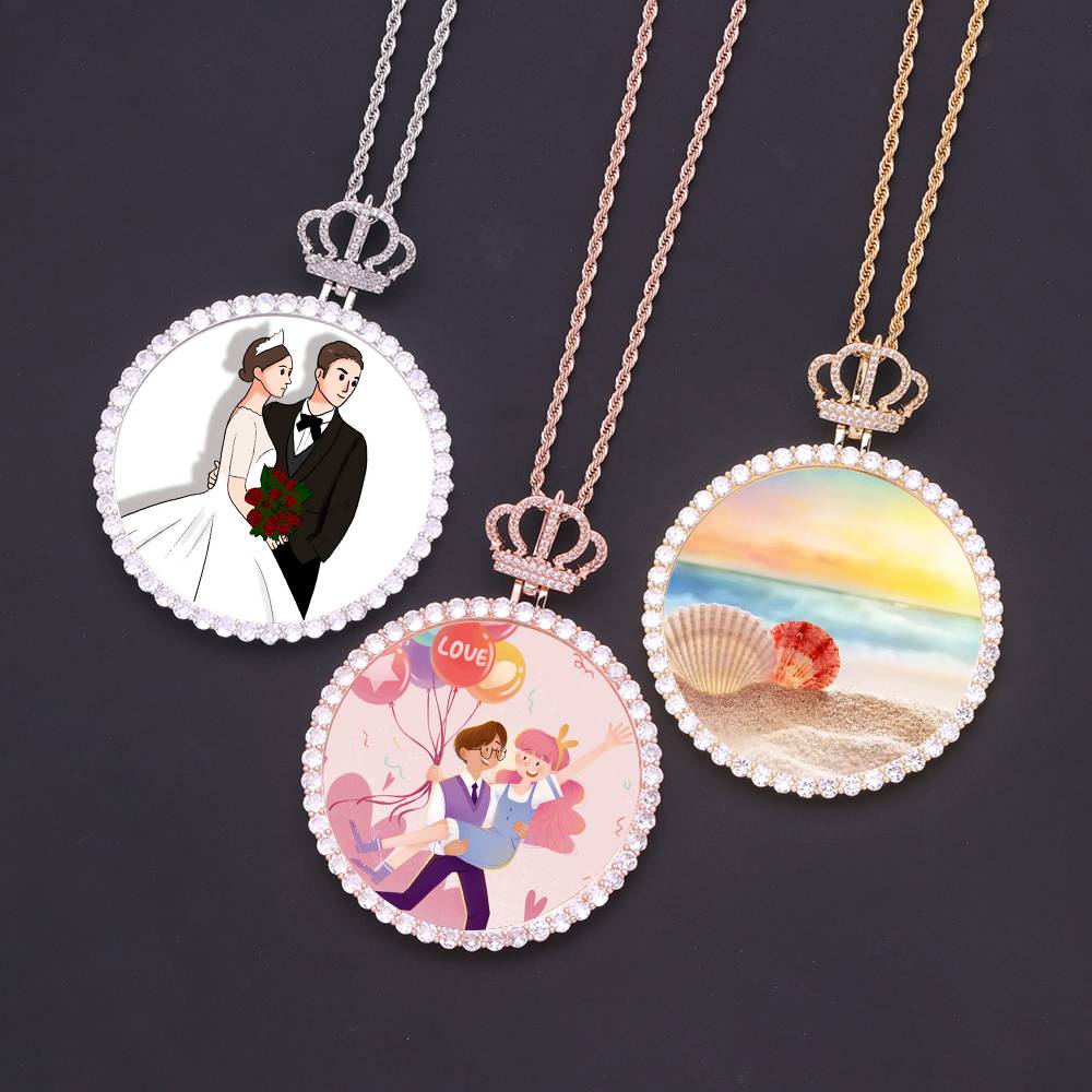 68MM HipHop Crown XL Round Photo Frame Memory Pendant Iced Out Large Circle Charm Picture Necklace Jewelry Valentine's Day Gifts