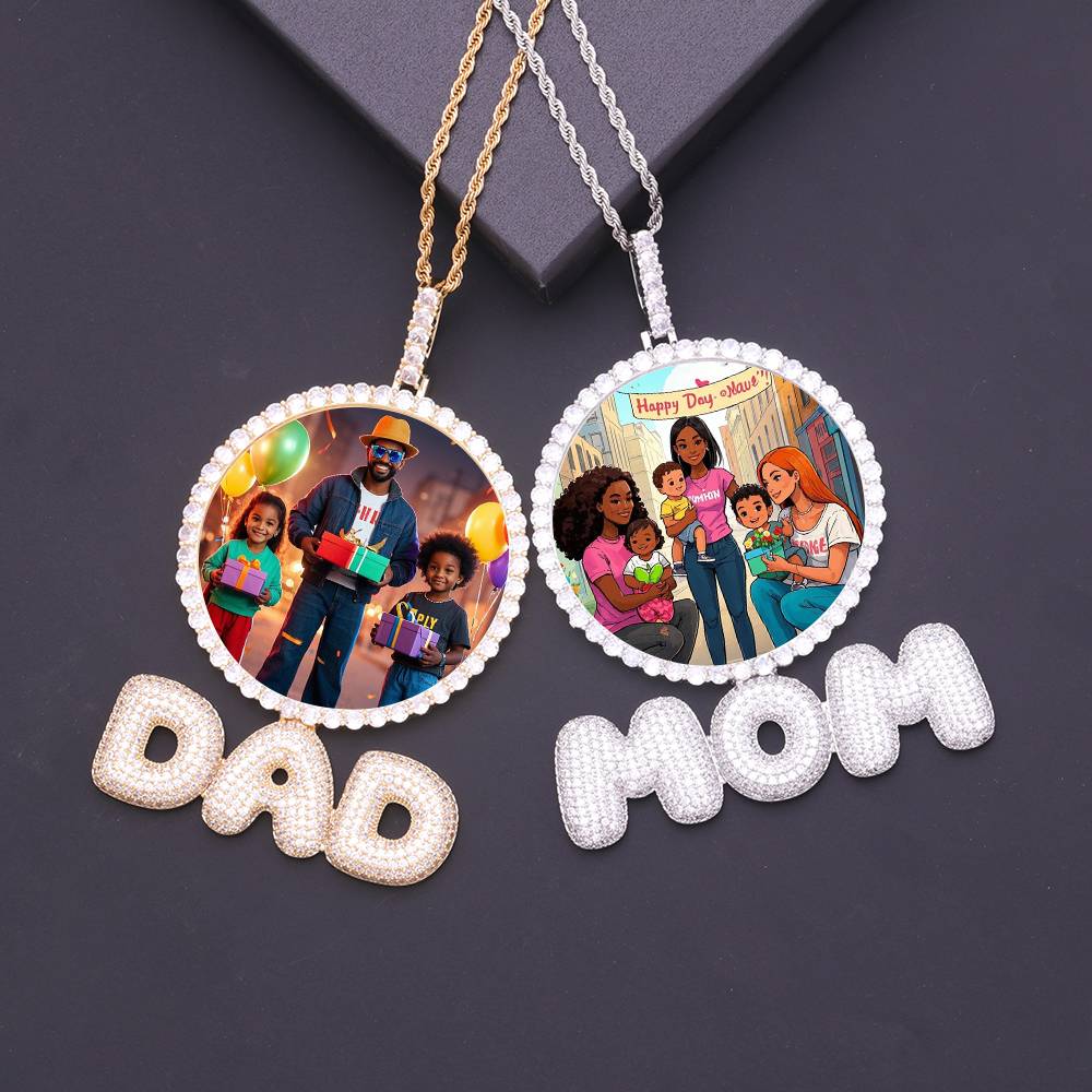 116MM XL Large Round Photo Frame Necklace Dad Mom Memory Pendant Necklaces HipHop CZ Jewelry Ideal Fathers Day Mothers Day Gifts