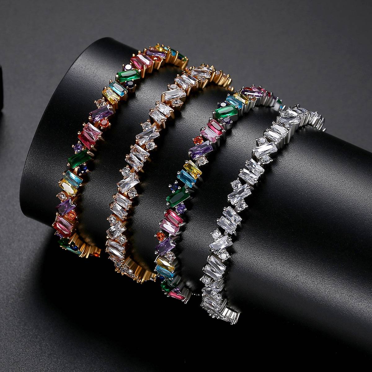 New Luxury Individuality Ladies Baguette CZ Bracelet Women Fashion Colorful Cubic Zirconia Adjustable Hand Chain Wedding Jewelry