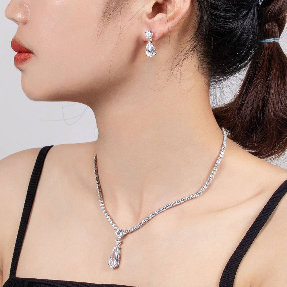 Luxury Elegant Simple Ruby Drops Bridal Pendant Necklace Ladies Bling Zircon Earring Necklaces Wedding Engagement Jewellery Sets