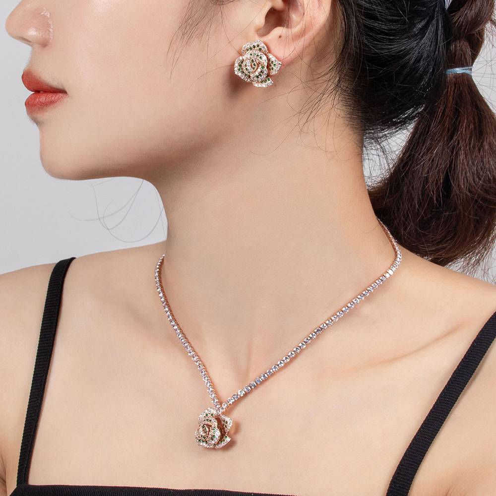 Luxury Rose Flower Charm Necklace Earring Set Beautiful Ladies Bling Zircon Tennis Chain Stud Earring Wedding Engagement Jewelry