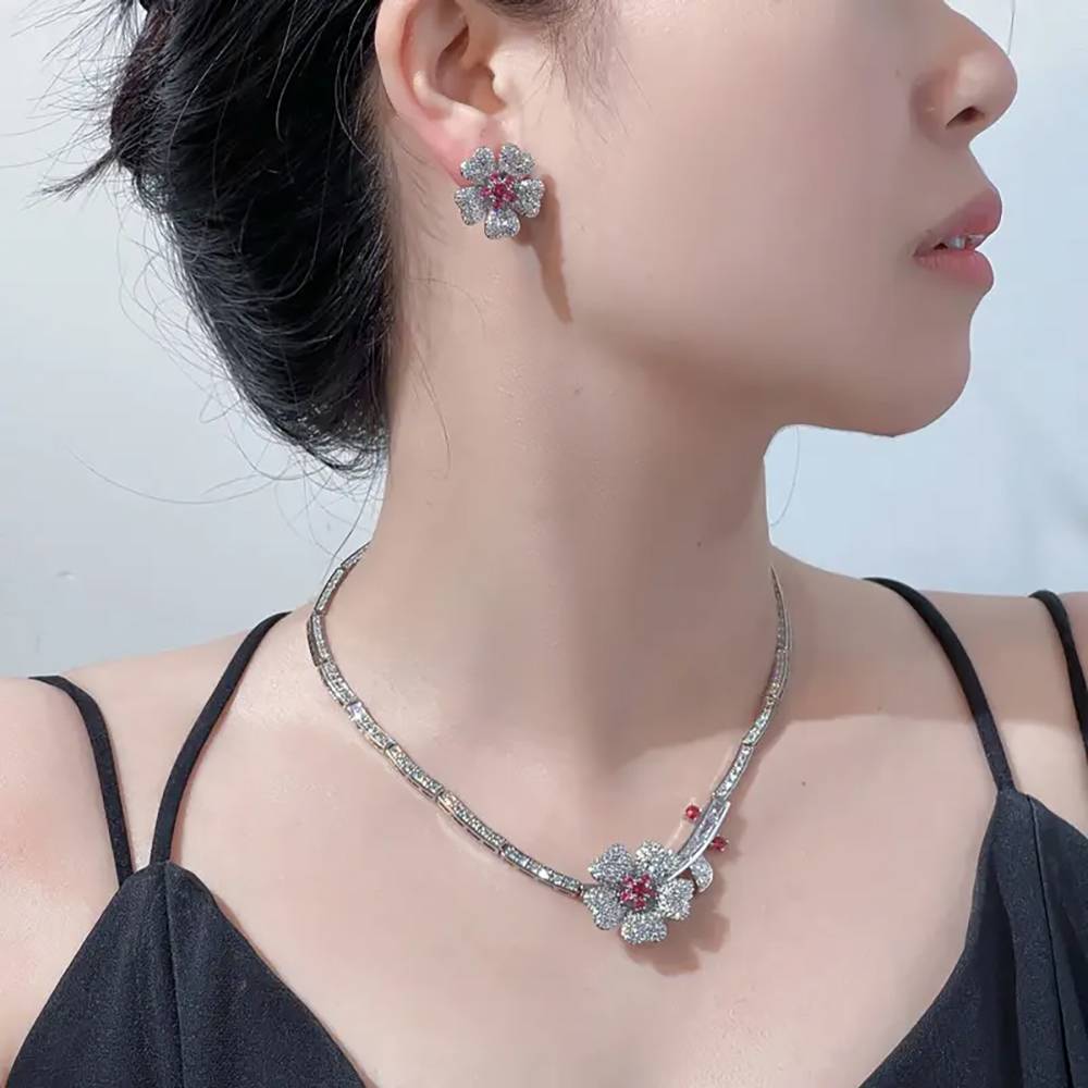 Luxury Women CZ Flower Charm Necklace Earrings Fashion Ladies Bling Zircon Box Chain Stud Earring Wedding Engagement Jewelry Set