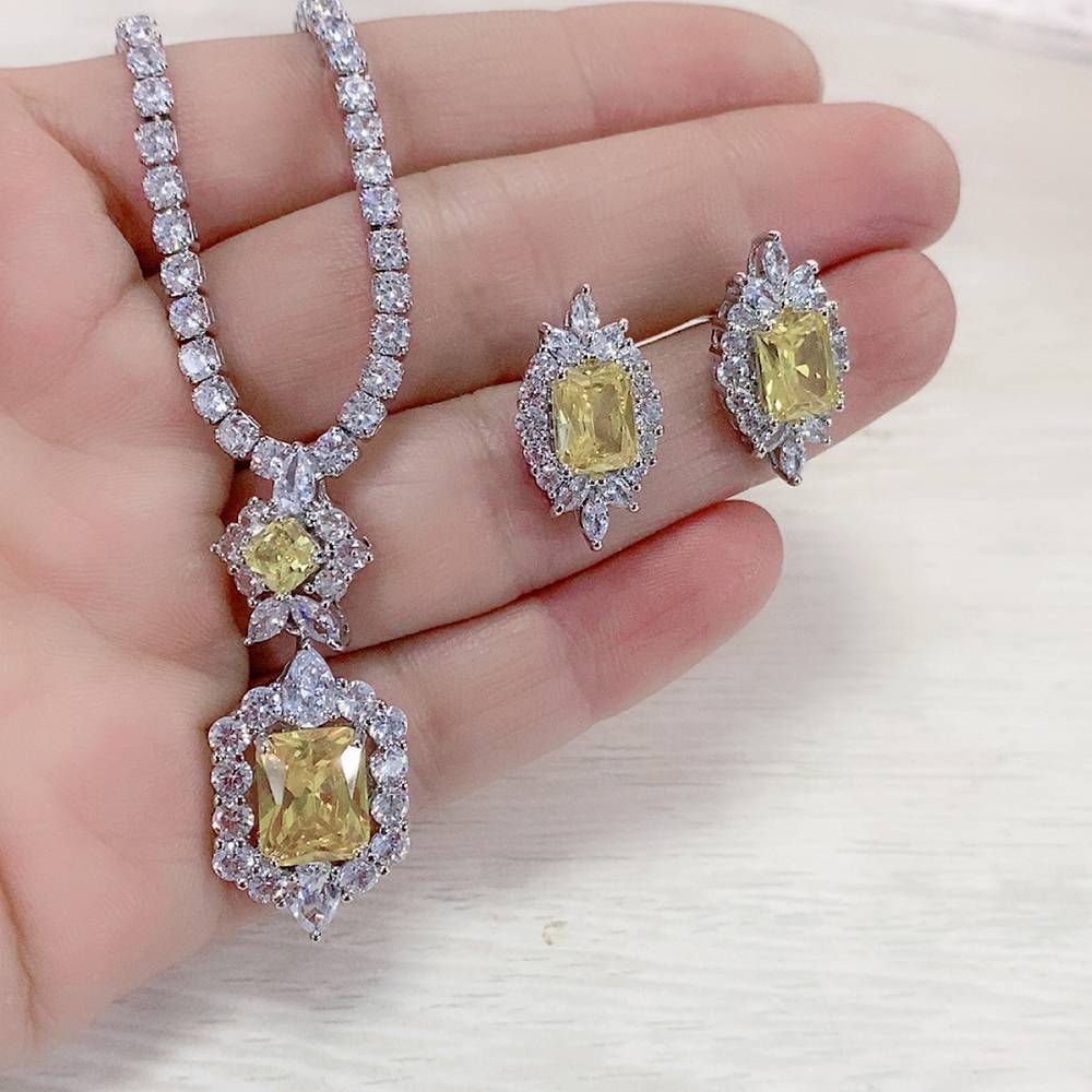 High Quality Luxury CZ Pendant Necklace Earring Set Ladies Sparkling Zircon Tennis Chain Stud Earring Wedding Engagement Jewelry