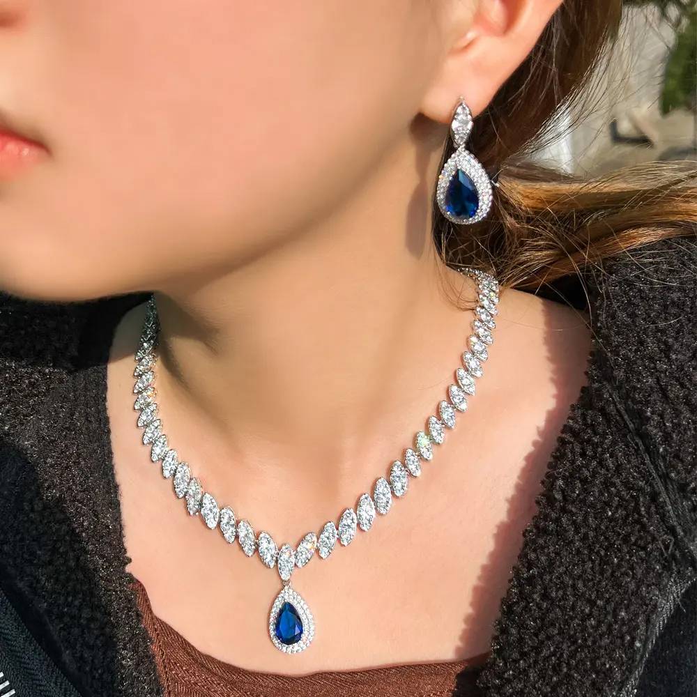 High Quality Women Elegant Water Drop Dangle Earring Necklace Set Fashion Luxury Zircon Ladies Bridal Wedding Engagement Jewelry